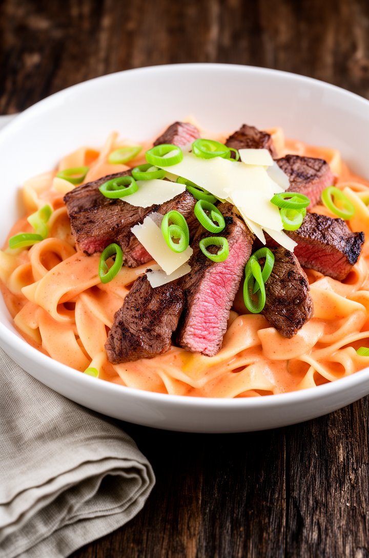 45-degree angle shot of finished cajun steak pasta served in a wide white ceramic bowl, wide pappardelle noodles coated in creamy orange-pink sauce, chunks of seared medium-rare steak with visible pin