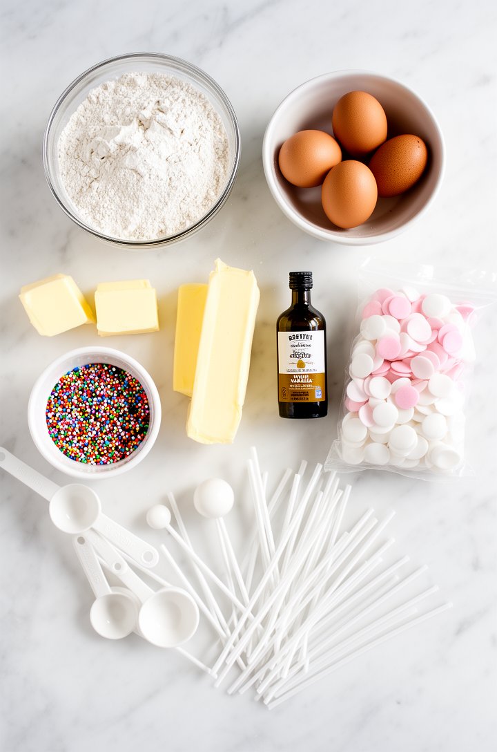Overhead flat-lay of cake pop ingredients arranged on a white marble surface — bowl of flour, eggs, butter sticks, vanilla extract bottle, bag of white and pink candy melts, small bowls of rainbow and