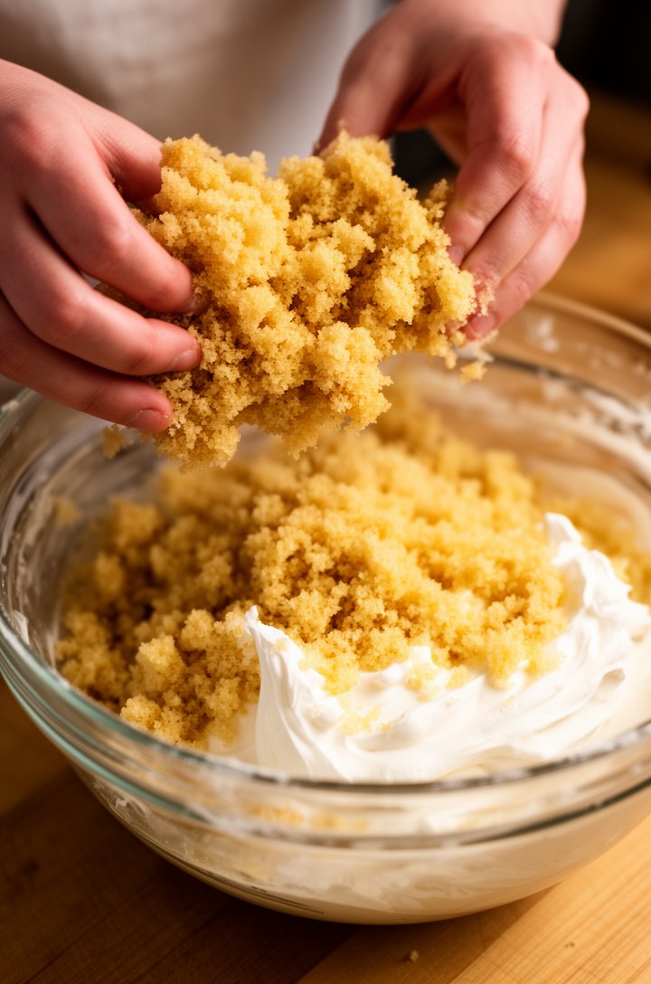Close-up 45-degree angle of hands crumbling golden vanilla cake into a large glass mixing bowl, fine cake crumbs visible with a mound of white buttercream frosting underneath waiting to be mixed in. W