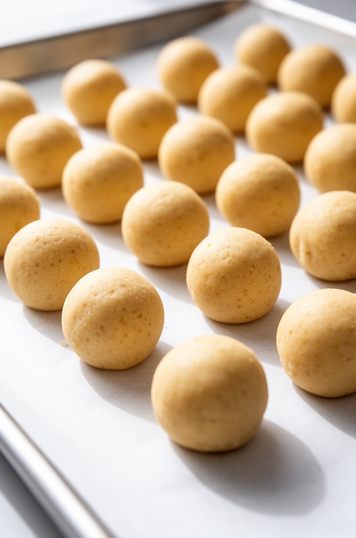 Side-angle shot of neatly rolled cake balls arranged in rows on a parchment-lined baking sheet, uniform smooth spheres about 1 inch in diameter, golden-beige color from the vanilla cake and buttercrea