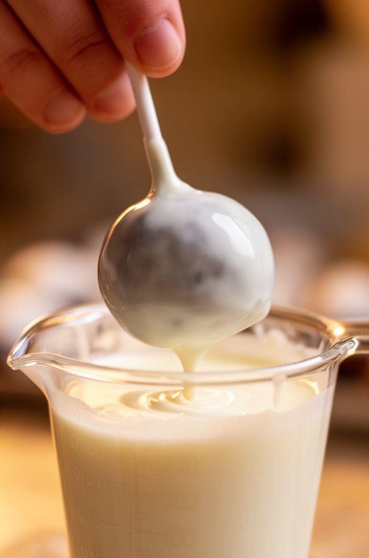 Extreme close-up of a cake pop being dipped into a narrow measuring cup filled with smooth melted white candy coating, the lollipop stick held between fingers at the top, the cake ball submerging into