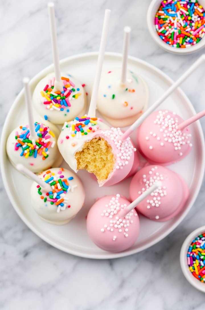 Overhead shot of finished cake pops displayed on a round white ceramic plate on a marble surface. Mix of white candy melt coated pops with rainbow sprinkles and pastel pink coated pops with white pear