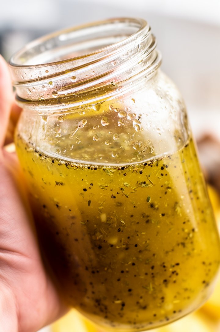 Close-up 45-degree angle shot of a glass mason jar being shaken with golden lemon garlic vinaigrette inside, visible specks of dried oregano and black pepper suspended in the emulsified dressing, the 