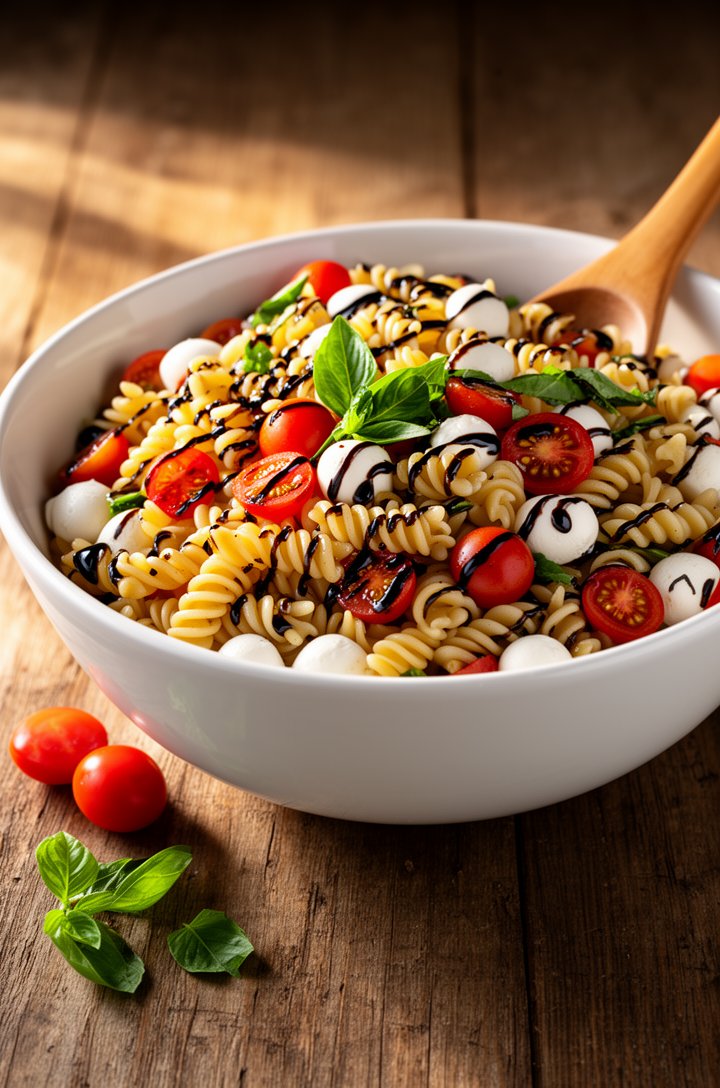 Side-angle shot at table level of a large white ceramic serving bowl filled with caprese pasta salad, showing the colorful layers of fusilli spirals coated in vinaigrette, bright red halved cherry tom