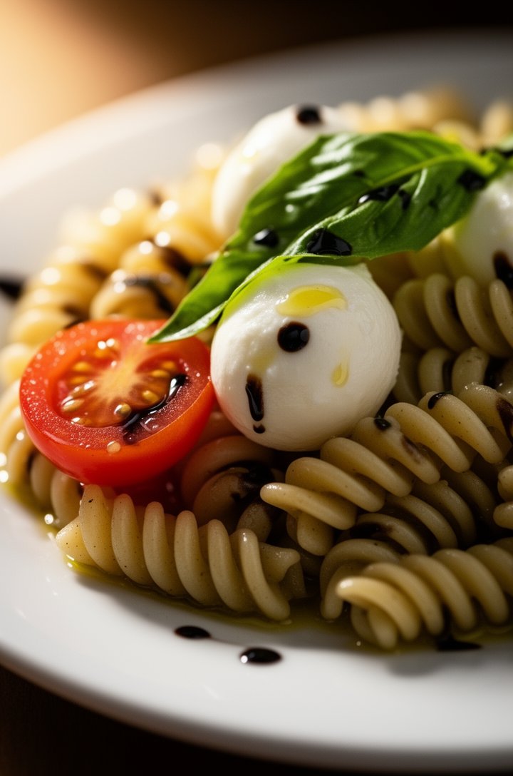 Extreme close-up macro shot of a single serving of caprese pasta salad on a small white plate, camera 6 inches away, showing individual fusilli spirals glistening with vinaigrette, a halved cherry tom