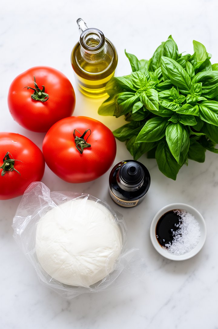 Overhead flat-lay of caprese salad ingredients arranged on a white marble countertop — three large red ripe tomatoes, a ball of fresh white mozzarella in its packaging liquid, a bunch of bright green 
