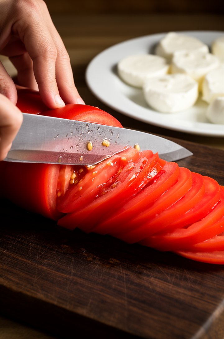 Close-up side-angle shot of hands slicing a large red ripe tomato into even 1/4-inch rounds on a dark wooden cutting board, a sharp chef's knife mid-cut, tomato juice and seeds glistening on the blade