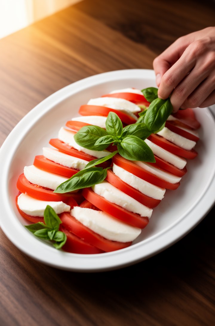 45-degree angle shot of alternating slices of red tomato and white mozzarella being arranged in a shingled overlapping pattern on a white oval ceramic platter, fresh green basil leaves being tucked be