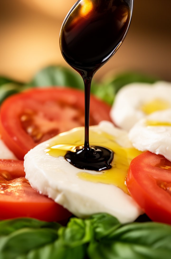 Extreme close-up macro shot of dark glossy balsamic glaze being drizzled from a small spoon over the assembled caprese salad, the thick syrupy stream catching warm light as it falls onto creamy white 
