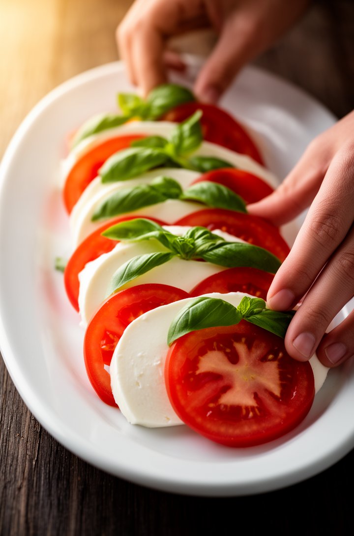 Angled shot of hands arranging alternating slices of bright red tomato and creamy white mozzarella in a shingled overlapping row on a white oval platter, fresh basil leaves being tucked between each pair, warm natural lighting from the left, dark wood table surface visible, mid-assembly process shot