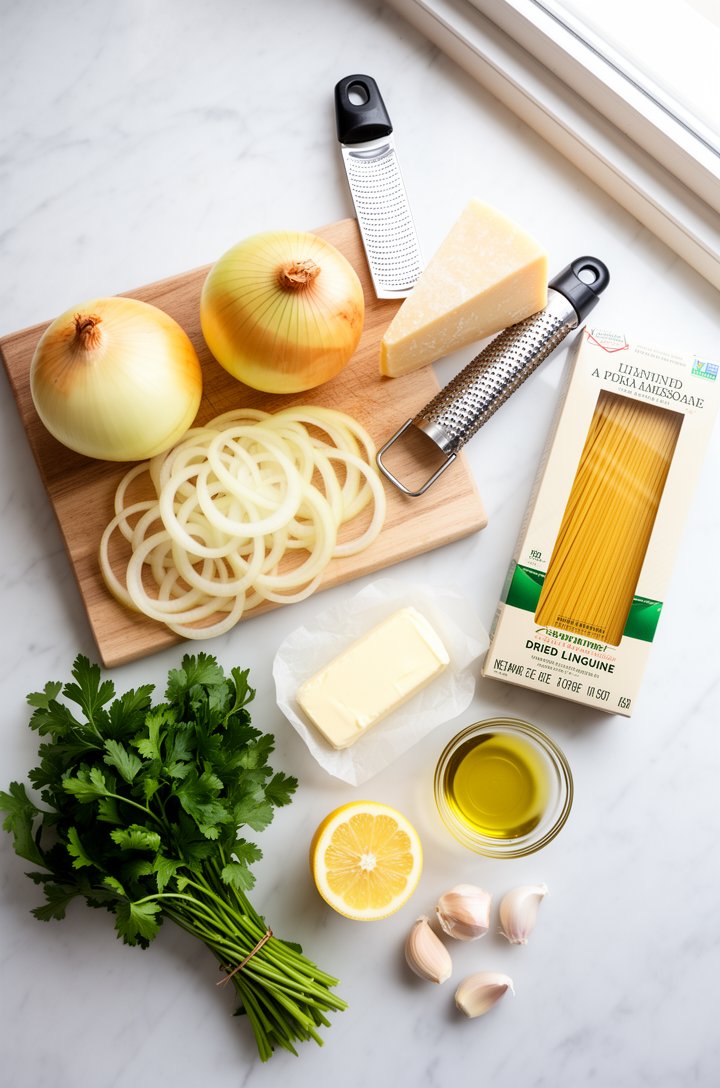 Overhead flat-lay of recipe ingredients arranged on a white marble countertop: four large yellow onions halved and sliced into thin half-moons on a wooden cutting board, a wedge of aged Parmesan with 
