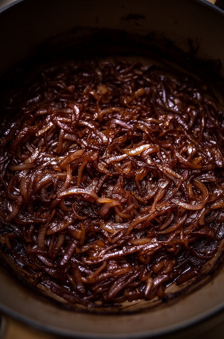 Extreme close-up overhead shot of deeply caramelized onions in a dark Dutch oven, reduced to a rich dark amber-brown jam with glistening oil, each strand soft and deeply colored, some edges slightly d