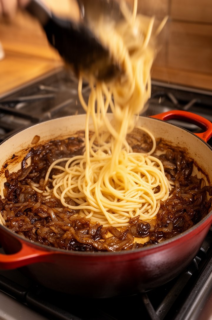 Action shot at 45-degree angle of drained linguine being tossed into the pot of caramelized onions with tongs, starchy pasta water splashing as the noodles hit the dark onion mixture, some strands alr
