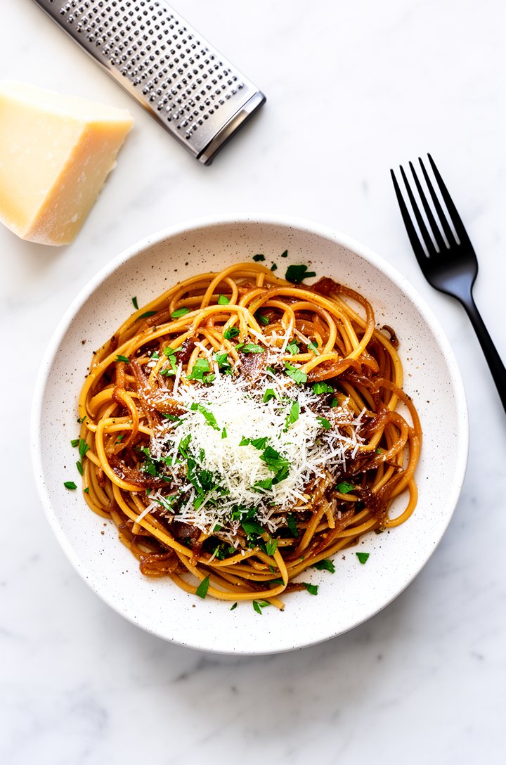 Overhead shot of finished caramelized onion linguine served in a white speckled ceramic shallow bowl, pasta glistening with silky Parmesan sauce, deep amber caramelized onion strands woven through the