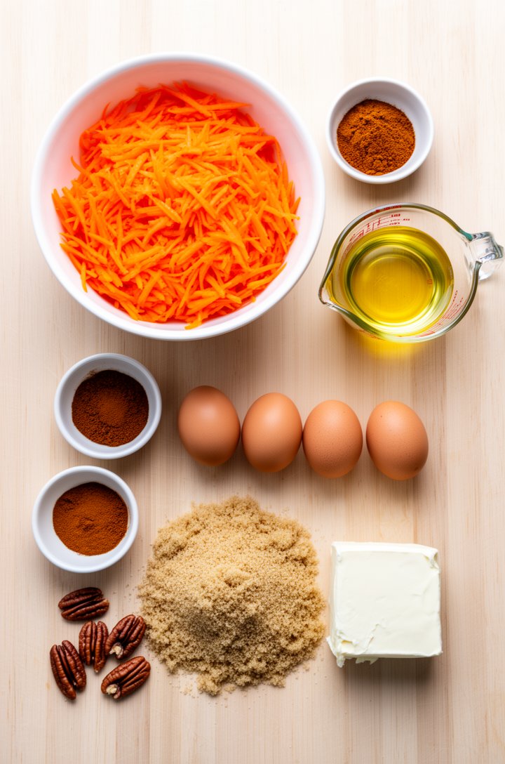 Overhead flat-lay of carrot cake ingredients arranged on a light wooden surface — a bowl of freshly grated orange carrots, small bowls of warm brown spices, a measuring cup of golden oil, four eggs in