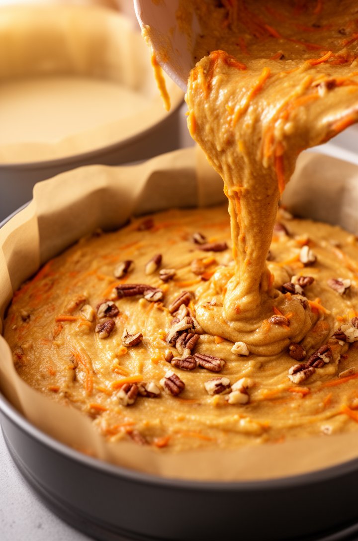 Close-up 45-degree angle shot of cake batter being poured into a round parchment-lined cake pan, showing the thick golden-brown batter studded with visible orange carrot shreds and chopped pecans thro
