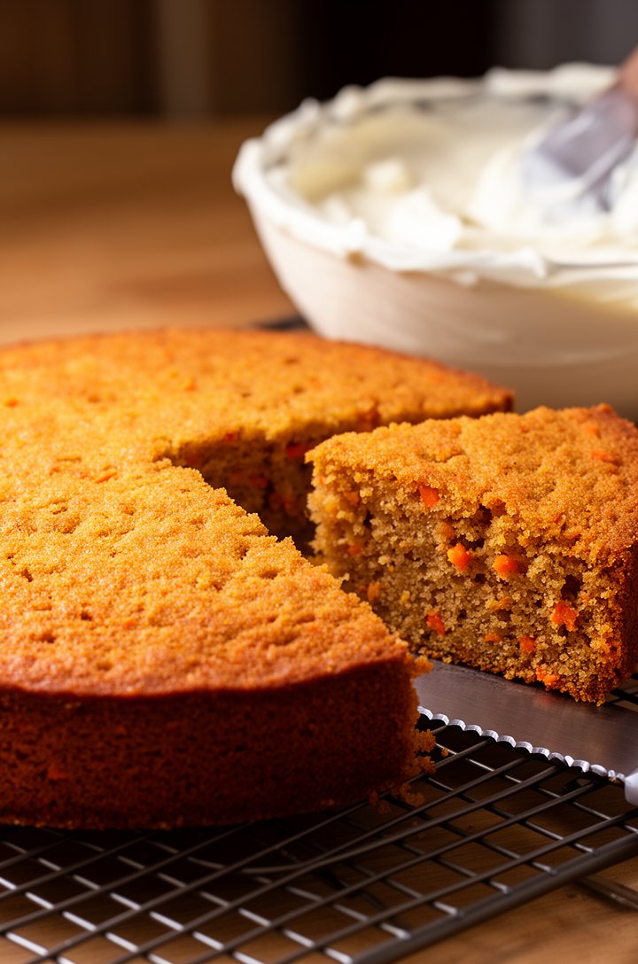 Side-angle medium shot of two golden-brown carrot cake layers cooling on a wire rack, showing the moist crumb texture where one layer has been leveled with a serrated knife revealing the interior dott
