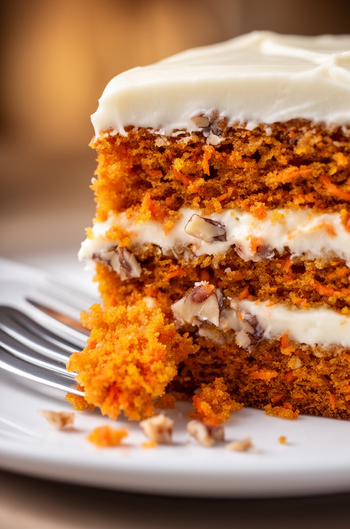 Extreme close-up macro shot of a single slice of two-layer carrot cake on a white plate, showing the moist golden-orange interior crumb with visible carrot shreds and pecan pieces, thick layer of whit