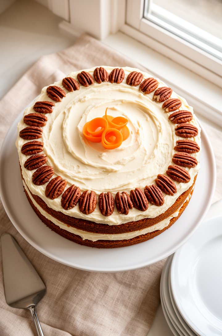 Overhead shot of the finished two-layer carrot cake on a white ceramic cake stand, generously frosted with cream cheese frosting in thick rustic swoops, topped with a ring of pecan halves around the e