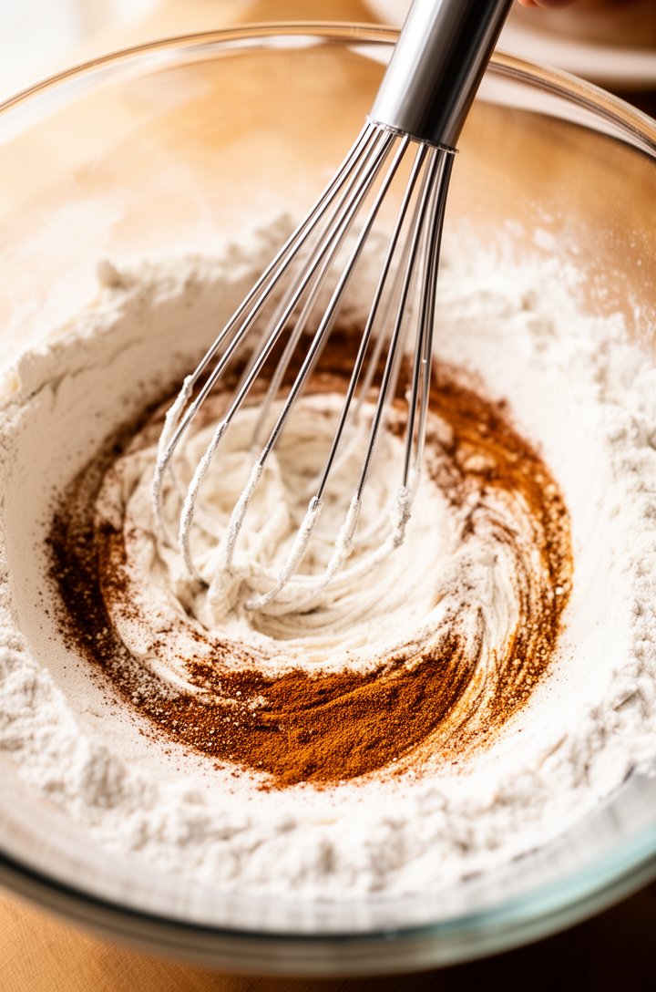 Close-up shot of a large glass bowl with dry ingredients being whisked together — visible flour, warm brown cinnamon, and flecks of spices creating swirls in the white flour, a silver whisk mid-motion, shot from directly above, bright natural lighting