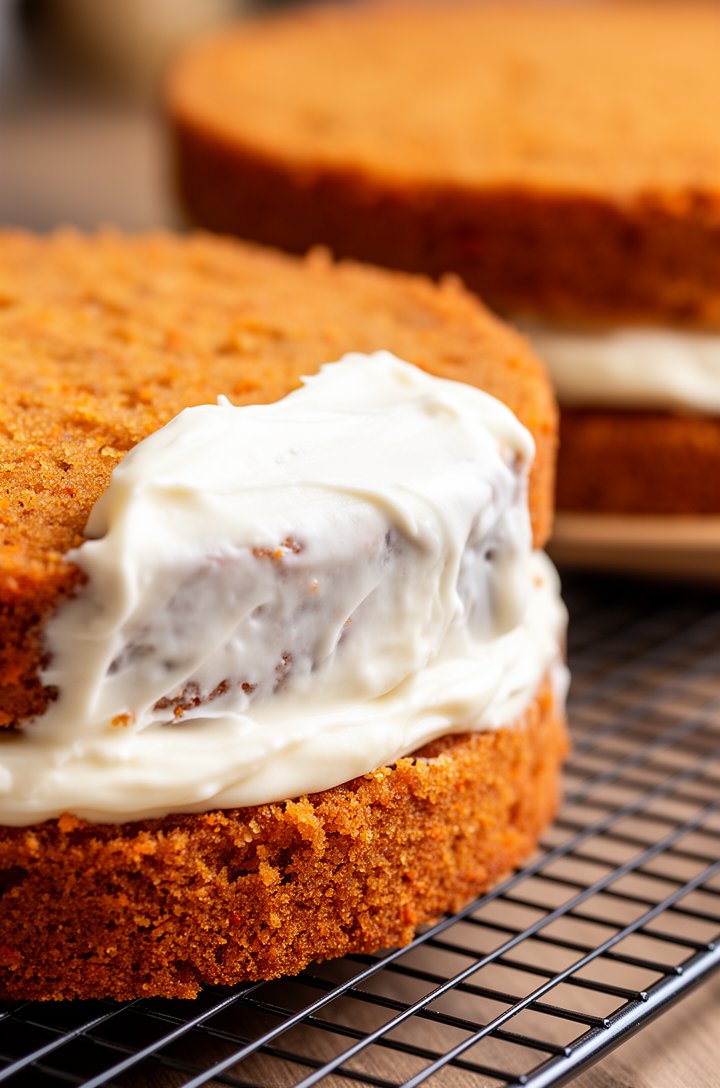 Close-up side-angle of frosting being spread between the two cake layers with an offset spatula, showing the thick white cream cheese frosting being smoothed over the bottom golden-brown cake layer, the second layer waiting on a wire rack in the soft-focus background, warm natural side lighting