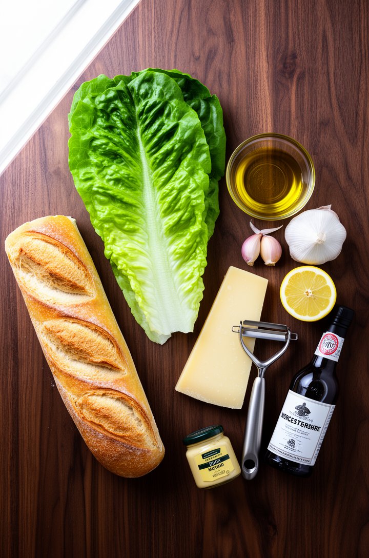 Overhead flat-lay of Caesar salad ingredients arranged on a dark walnut wood surface — a whole head of romaine lettuce, a halved French baguette, a wedge of parmesan cheese with a vegetable peeler bes