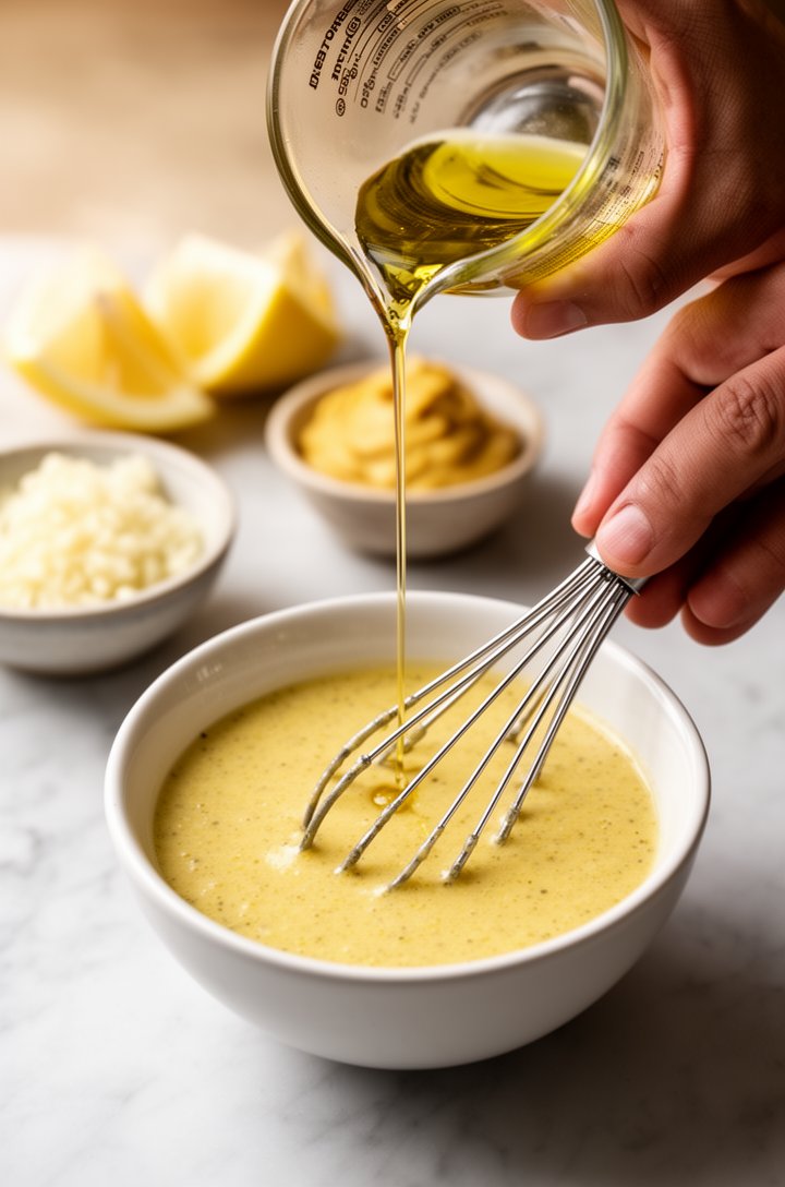 Close-up 45-degree angle shot of a hand whisking golden Caesar dressing in a small white ceramic bowl, a thin stream of olive oil being poured from a glass measuring cup, the dressing showing a creamy