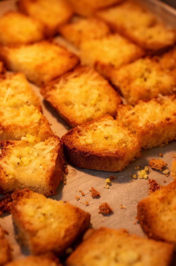 Extreme close-up overhead shot of golden-brown garlic parmesan croutons spread across a parchment-lined baking sheet fresh from the oven, visible specks of melted parmesan and minced garlic on the cri
