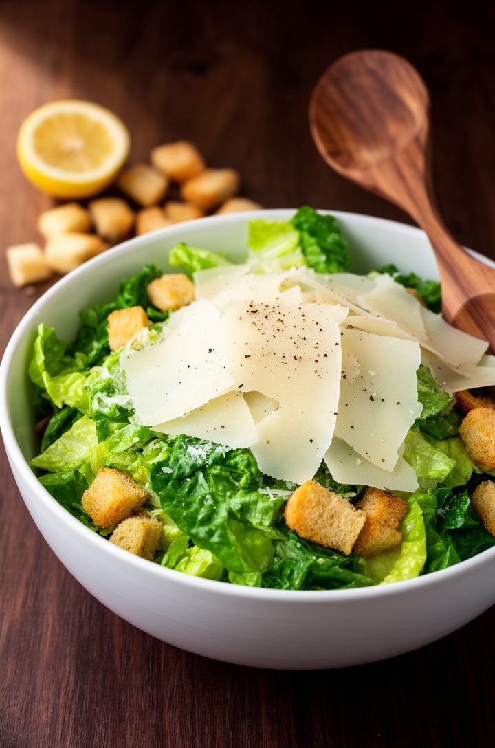 Side-angle shot at 30 degrees of a large white ceramic bowl filled with tossed Caesar salad, showing romaine leaves glistening with light dressing, golden croutons nestled throughout, large curls of s