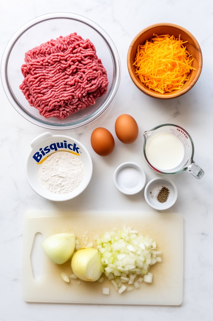 Overhead flat-lay of all cheeseburger pie ingredients arranged on a white marble countertop: a glass bowl of raw ground beef, a small wooden bowl of shredded orange cheddar cheese, two brown eggs, a m
