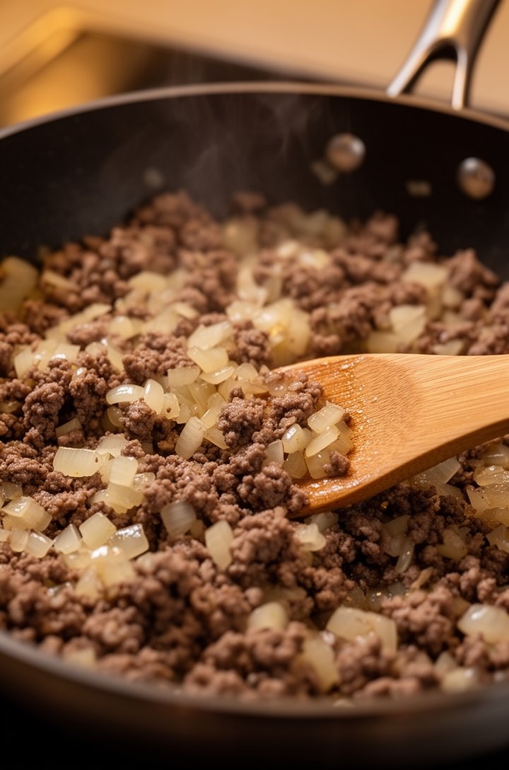 Close-up action shot of seasoned ground beef and translucent chopped onions being stirred with a wooden spatula in a dark non-stick skillet, small crumbles of browned beef visible with bits of softene
