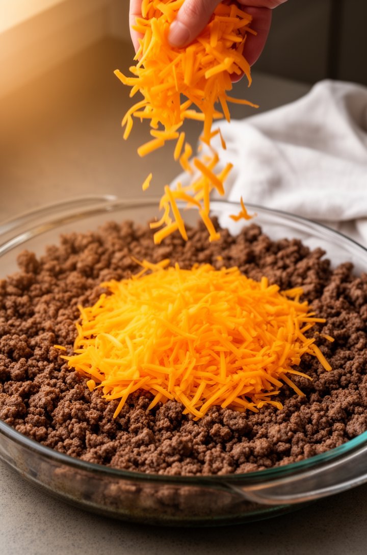 45-degree angle shot of shredded orange cheddar cheese being sprinkled by hand over a layer of browned ground beef crumbles in a round glass pie plate, some cheese falling mid-air creating a sense of 
