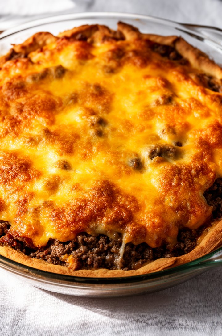 Extreme close-up of a freshly baked cheeseburger pie in a 9-inch glass pie plate, the top surface deeply golden-brown and bubbly with patches of melted cheddar creating an uneven caramelized crust, ed