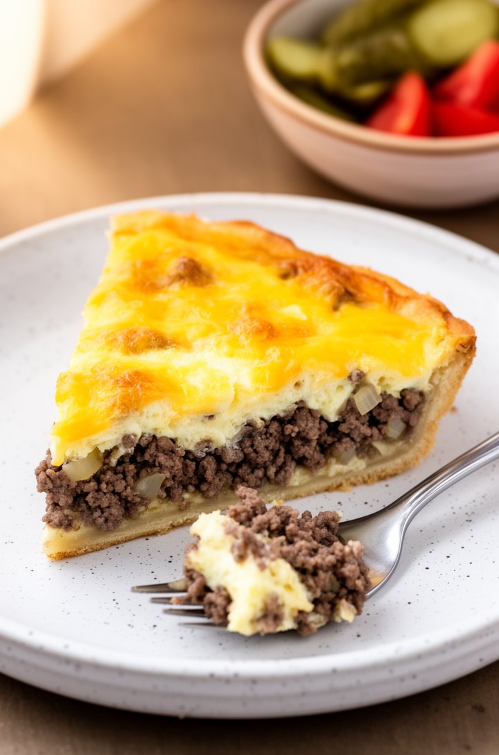 Side-angle close-up of a single triangular slice of cheeseburger pie on a white speckled ceramic plate, showing the clean cross-section with distinct layers: thin golden crust on the bottom, seasoned 