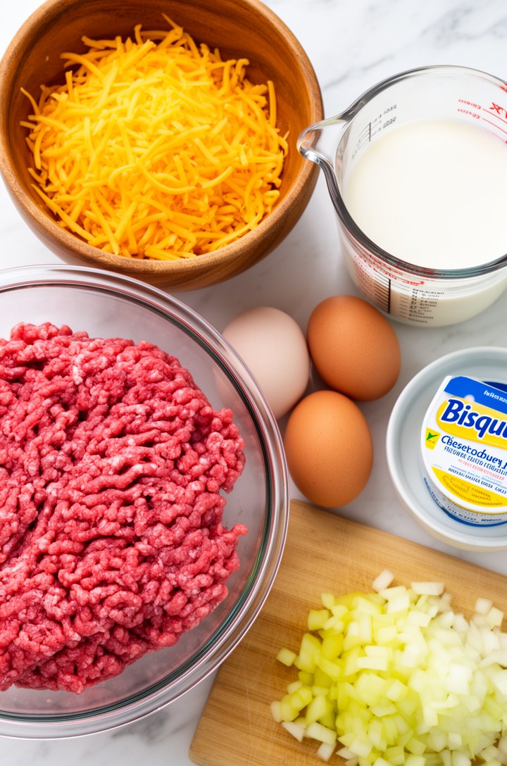 Overhead flat-lay of raw ground beef in a glass bowl, shredded cheddar in a wooden bowl, two eggs, a measuring cup of milk, Bisquick in a small dish, and a chopped yellow onion on a cutting board, all arranged neatly on a white marble countertop with bright natural window lighting from above