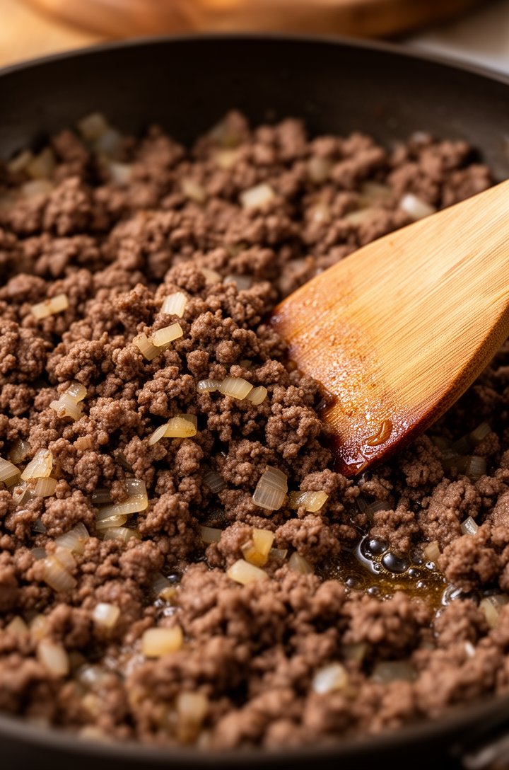 Close-up of browned ground beef crumbles and softened chopped onion being cooked in a dark skillet, wooden spatula pressing the meat against the side to drain grease, rendered fat visible pooling at the edge, warm overhead lighting with shallow depth of field