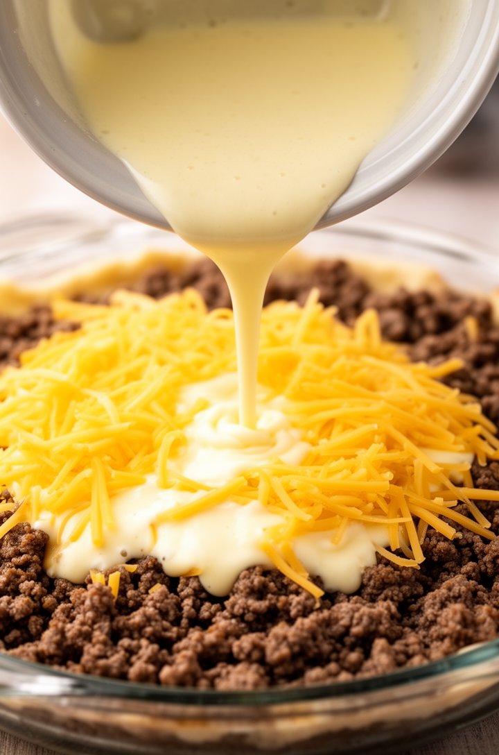 45-degree angle shot of the assembled pie before baking: browned beef spread evenly in a glass pie plate, shredded cheddar sprinkled on top, and pale yellow Bisquick batter being poured from a bowl over everything, the batter flowing across the cheese layer, bright kitchen lighting