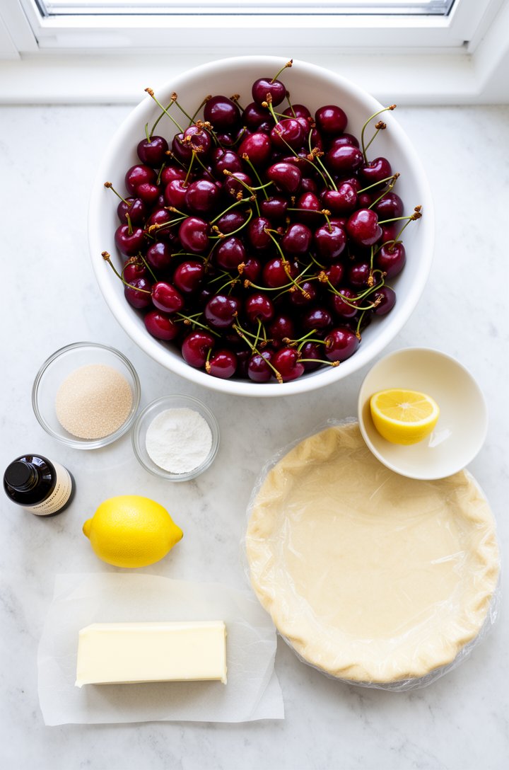 Overhead flat-lay of cherry pie ingredients arranged on a light marble countertop: a large white bowl overflowing with deep red fresh sweet cherries with stems still attached, a small glass bowl of gr