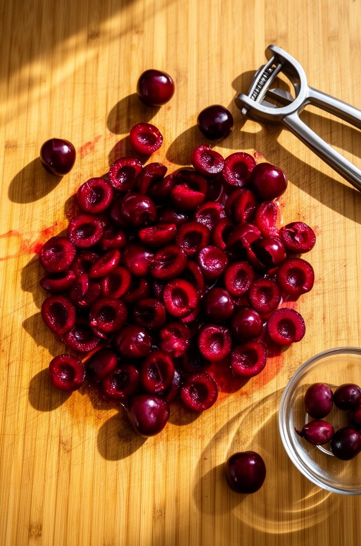 Close-up top-down shot of fresh sweet cherries being halved on a wooden cutting board, a cherry pitter tool beside the pile, deep ruby-red cherry halves glistening with juice, some whole cherries scat