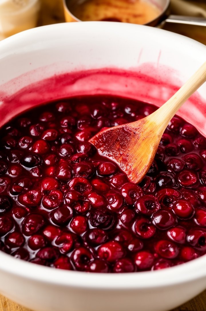 Side-angle close-up of thick ruby-red cherry pie filling being stirred in a large white mixing bowl with a wooden spoon, the cherries coated in a glossy mixture of sugar and cornstarch, visible cherry