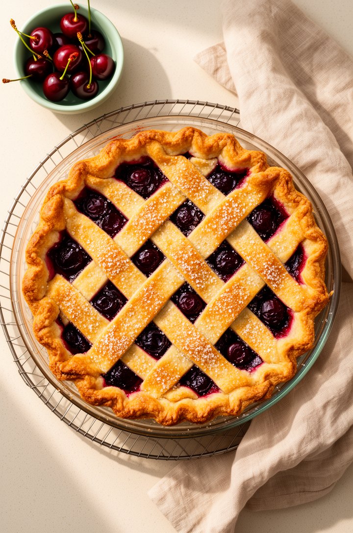 Overhead shot of a whole freshly baked cherry pie with golden-brown lattice crust in a glass pie dish, sitting on a wire cooling rack on a light countertop, coarse sugar crystals sparkling on the latt