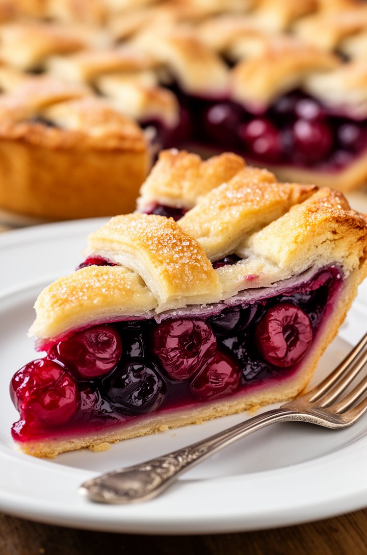 Extreme close-up 45-degree angle of a single slice of cherry pie on a white ceramic plate, the lattice crust showing golden flaky layers at the cut edge, thick set cherry filling with whole halved che