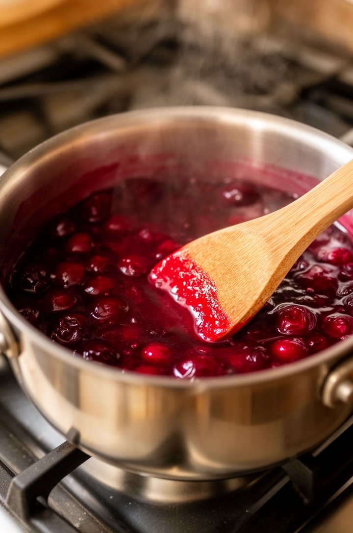 Close-up of cherry juice being reduced in a small stainless steel saucepan on a gas stovetop, the liquid thick and syrupy with deep ruby color, a wooden spoon stirring showing the thickened consistency coating the back of the spoon, steam rising, warm kitchen lighting