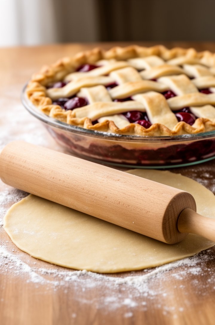 45-degree angle shot of pie dough being rolled out on a floured wooden surface with a wooden rolling pin, the dough thin and circular about 12 inches across, visible flour dusting, a 9-inch glass pie dish waiting nearby, soft natural side lighting