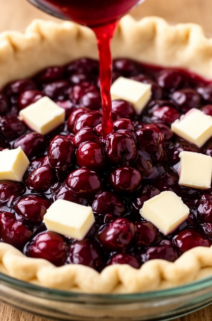 Overhead close-up of cherry filling being poured into the unbaked pie crust in a glass dish, glistening dark red cherries mounded in the center, the pale crimped crust edge visible around the perimeter, small cubes of cold butter dotted on top of the filling, warm natural lighting