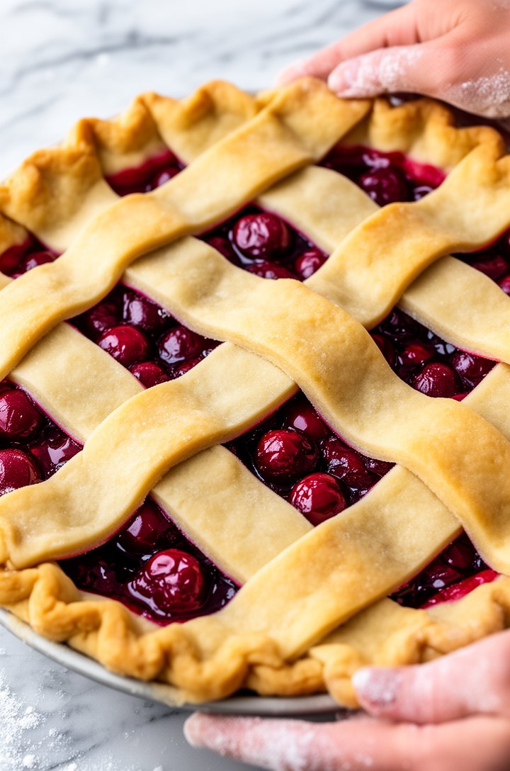 Close-up overhead shot of lattice strips being woven over the cherry pie filling, partially completed lattice showing the weaving technique, deep red cherry filling peeking through the gaps between golden dough strips, flour-dusted hands visible at the edge of frame, bright natural lighting on a marble countertop