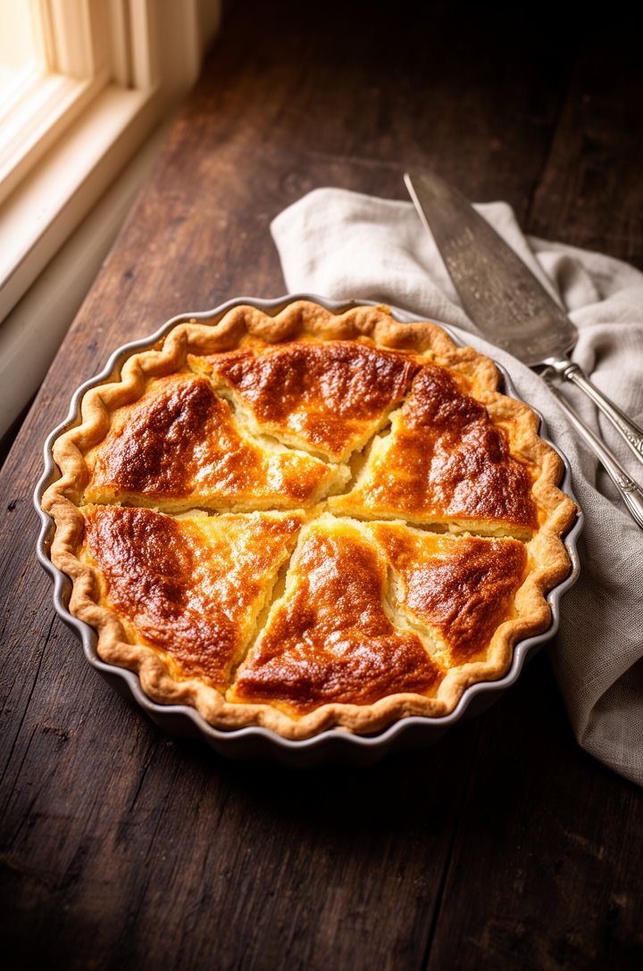 Overhead shot of a whole chess pie in a fluted pie dish on a rustic dark wooden table, the golden-brown crackly caramelized top glistening under warm natural window light from the left, subtle cracks 