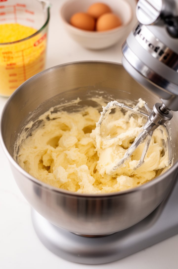 Close-up 45-degree angle of room temperature butter being creamed with granulated sugar in a stainless steel stand mixer bowl, the mixture pale and fluffy with visible air pockets, warm kitchen lighti