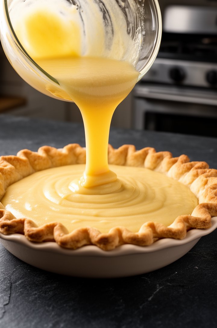 Side-angle shot of smooth pale yellow chess pie filling being poured from a glass mixing bowl into a pre-baked golden pie crust in a ceramic pie dish, the stream of batter catching warm side lighting,
