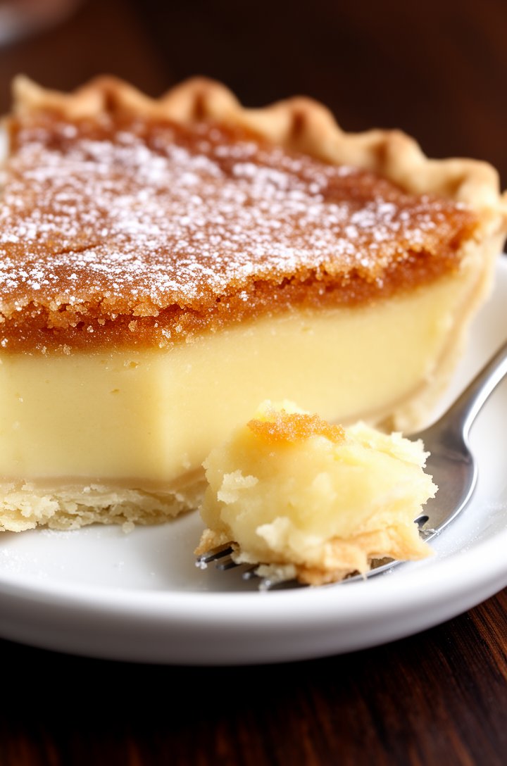 Extreme close-up of a single slice of chess pie on a small white ceramic plate, showing the cross-section layers: flaky golden crust on the bottom, dense smooth pale yellow custard filling, and a thin